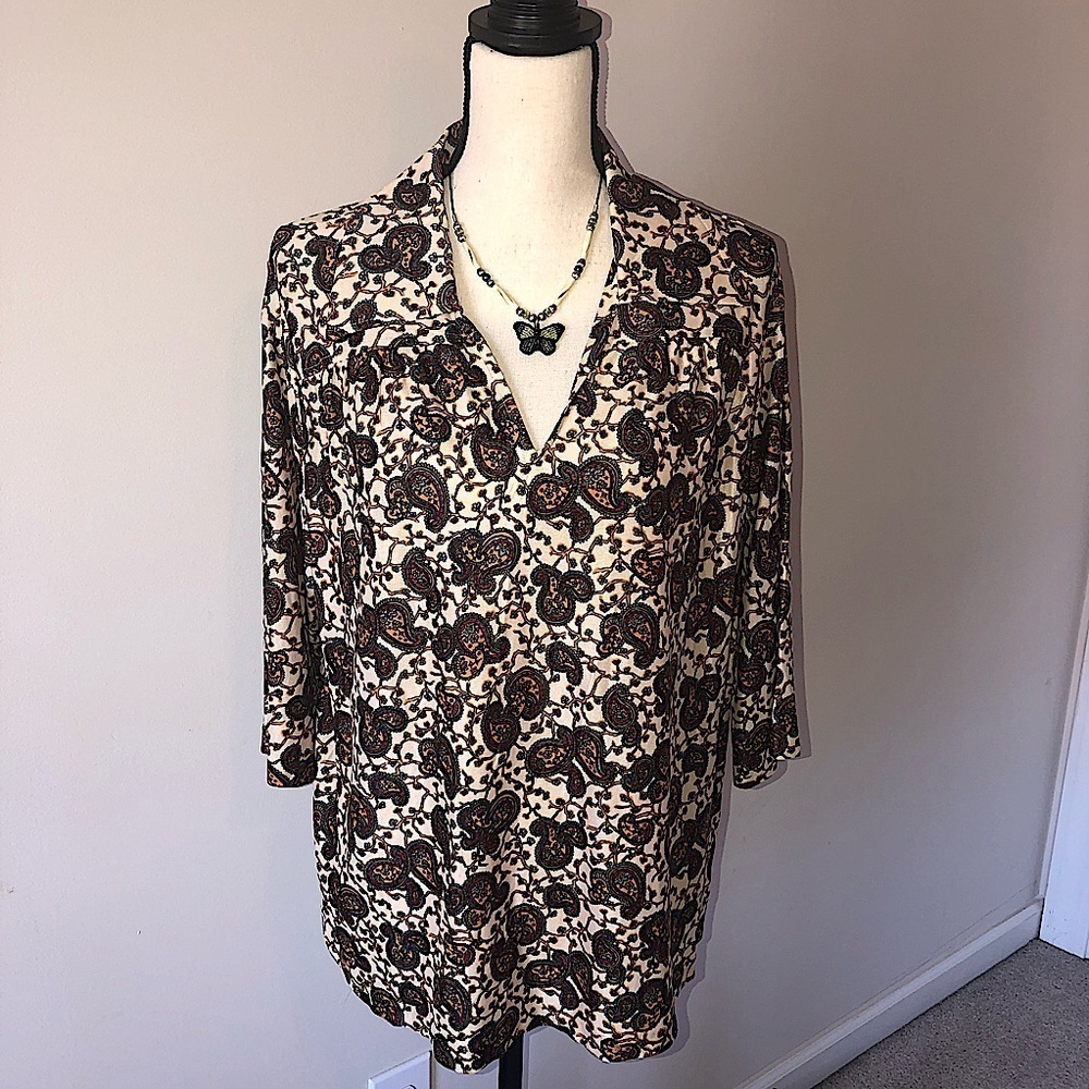 Vintage Paisley Top Size S/M Wide Collar Silky Knit Tunic Handmade Brown Retro